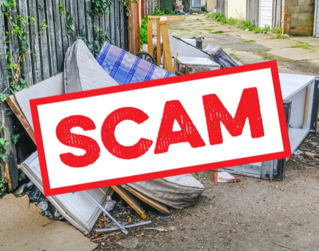 rubbish including mattresses and broken furniture dumped in a side street with red 'scam' text over the image