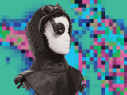 A snug leather hood on a female manikin head with an attached eye-piece, all in black on a pixelated colourful background