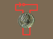 Explore Roman Devon tour - a Roman coin over golden brown background and a capital T outlined with a red arrow
