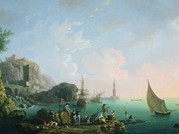 A painting of a bay with sail ships