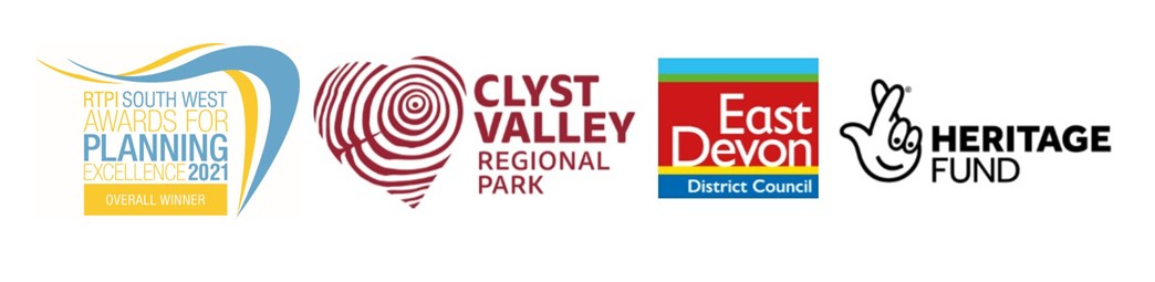 Logos for Clyst VAlley Regional Park, East Devon District Council and National Lottery Heritage Fund