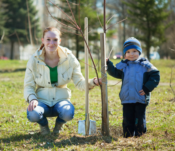 Parent and child smiling by a tree they have planted
