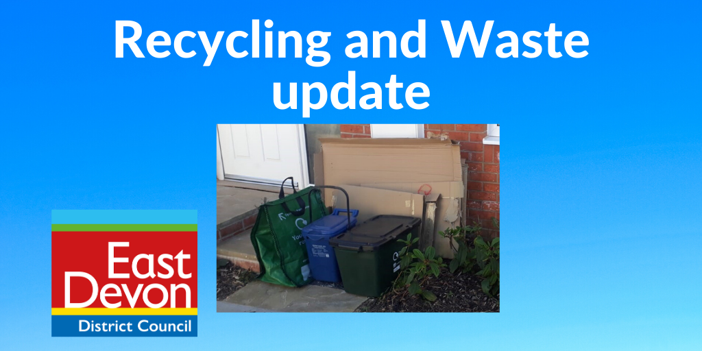 A photo of recycling bins and carboard outside a house. Above the image is the text: Recycling and waste update