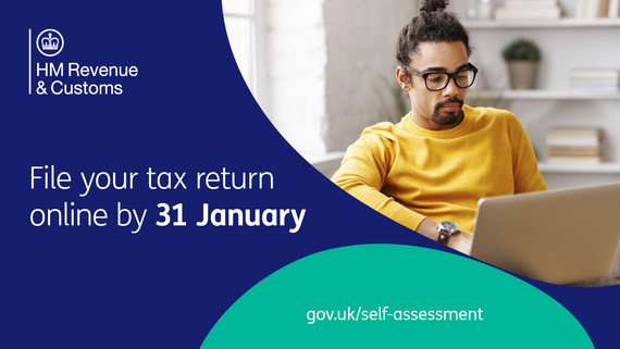 A person sits with their laptop. Overlayed is text reading: File your tax return online by 31 January