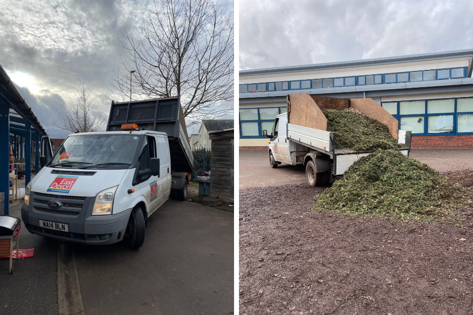 Christmas trees collected from drop-off zones and the chippings being dropped off at St Martin's Primary School