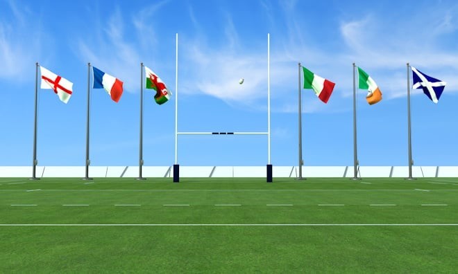 English, French, Welsh, Scottish, Irish and Italian flags next to rugby goal post