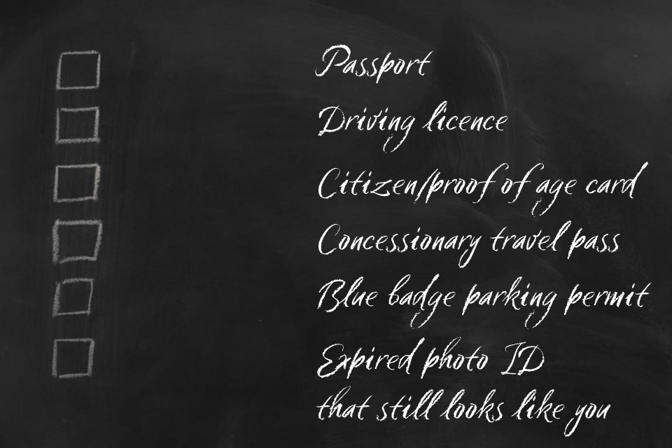 passport, driving licence, citizen/proof of age card, concessionary travel pass, blue badge permit, expired photo id that still looks like you