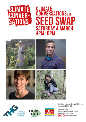 Climate Conversations and Seed Swap poster with photos of guest speakers