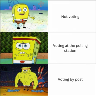 Spongebob meme not voting, spongy spongebob, voting at the polling station, muscly spongebob voting by post