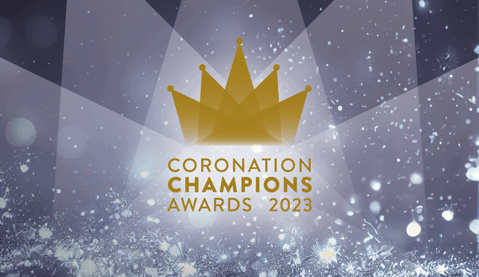 Coronation Champions Awards 2023 text with crown, confetti and lights graphics