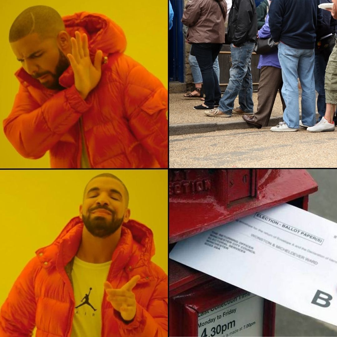 Drake meme - vote by post to avoid queues