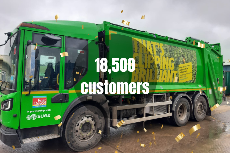 18,500 customers text and confetti on top of a photo of a green waste collection vehicle 