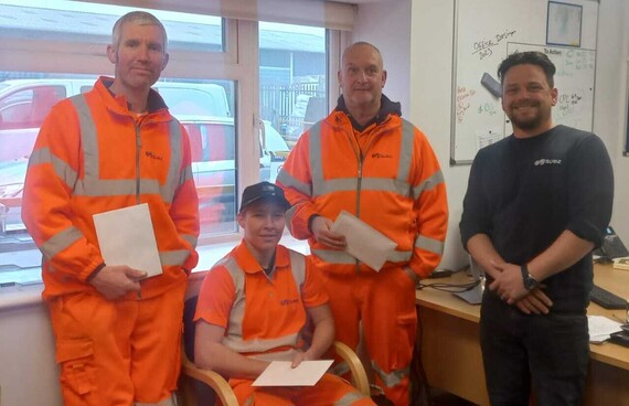 Photo of Suez recycling crew: Ross Williamson, Sarah Henley, and Dave Mills