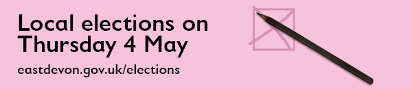 Pink background, crossed box, pencil. Local Elections on Thursday 4 May eastdevon.gov.uk/elections