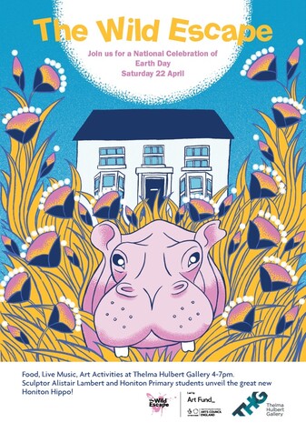 Flyer for the Wild Escape at Thelma Hulbert Gallery with an illustration of a hippo