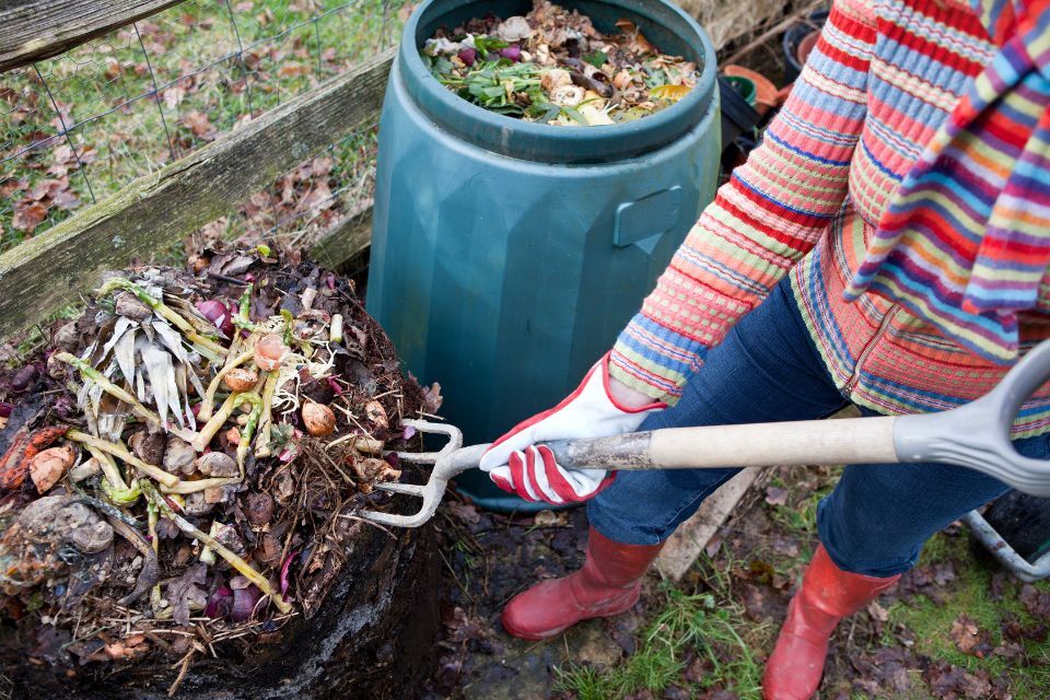 person with compost bin