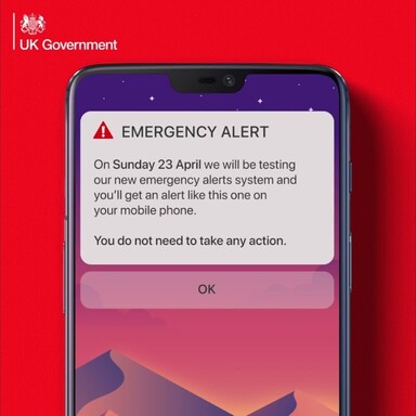 Govt graphic: On 23 April we will be testing our new emergency alerts system and you'll get an alert like this one on your mobile phone.