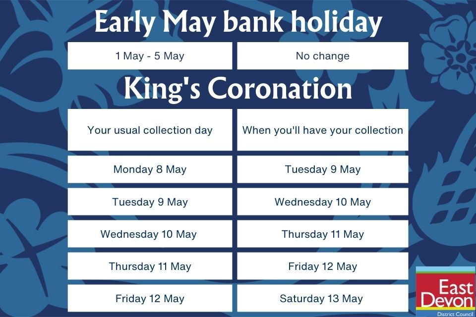 Graphic illustrating recycling & waste collections for Early May Bank Holiday won't be affected, but 8 - 12 May, collections will be 1 day later