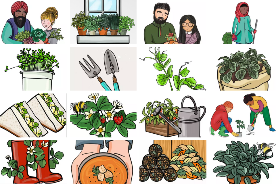 Illustrations of Plant and Share month from Food For Life Get Togethers