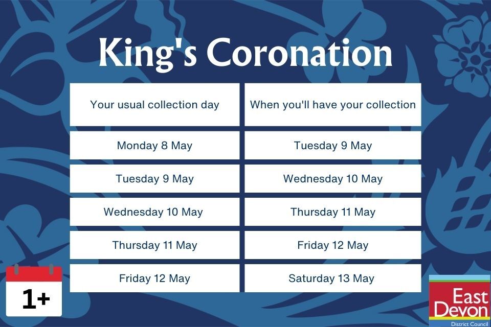 Table showing that recycling and waste collections that would usually be on 8 - 12 May will be 1 day later