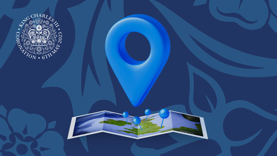 Map with pins and coronation logo