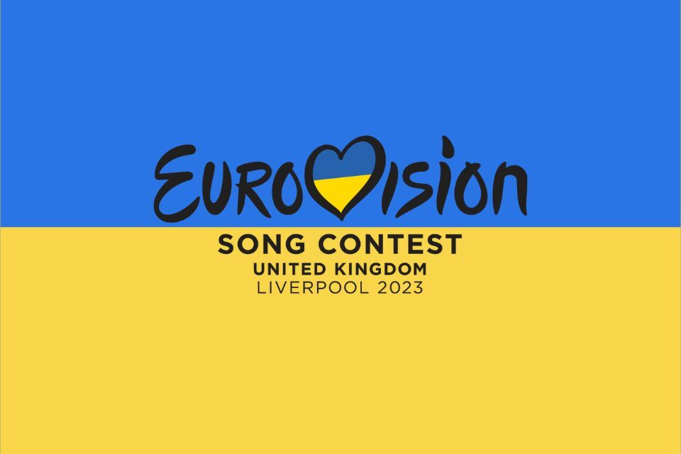 Eurovision Song Contest United Kingdom Liverpool 2023 logo on a Ukranian Flag background
