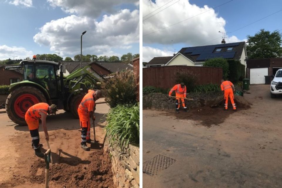 Collage of 2 photos of Streetscene workers in orange jackets clearing up roadsides following last week's flooding