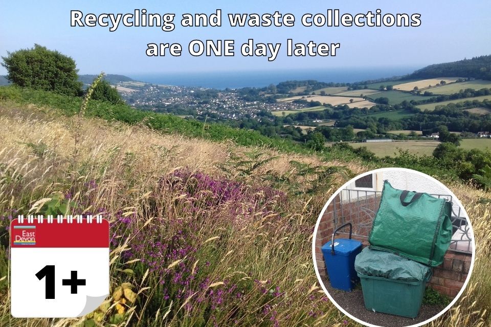 Text: recycling and waste collections are 1 day later, with calendar graphic and photos of recycling bins and a seaside view