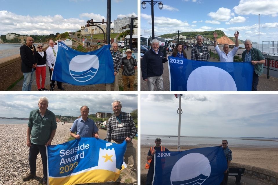 East Devon Councillors and staff hold Blue flags at Seaton, Sidmouth and Exmouth, and a seaside award flag at Budleigh Salterton