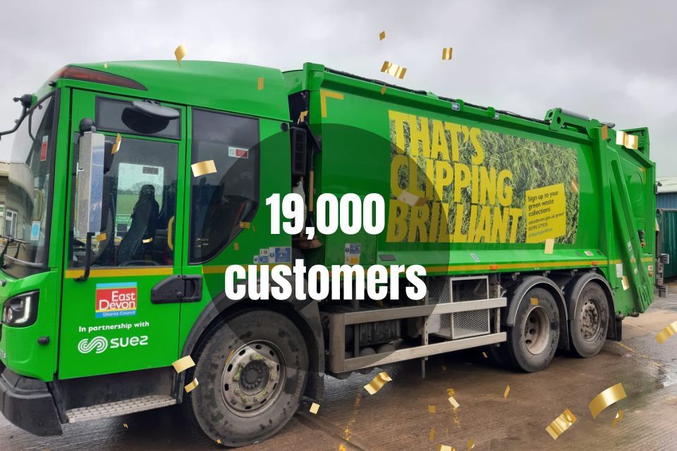 Photo of a green waste vehicle with 19,000 customers text and confetti above