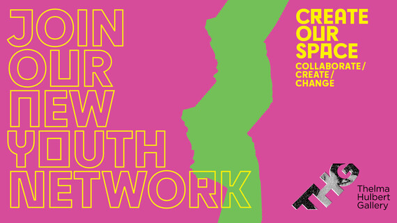 Text: Join our new youth network. Create our space. Collaborate/ create/ change. THG logo. Pink background, with green through the middle
