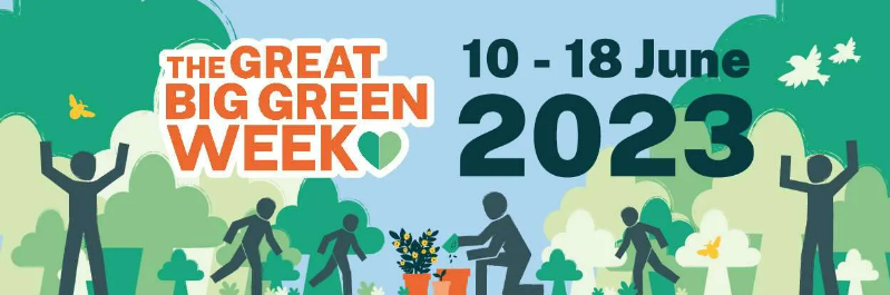The Great Big Green Week Graphic 10-18 June 2023, trees, birds, potted plants and stick people