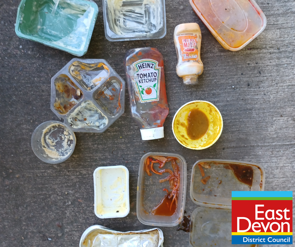 Photo with examples of food containers, like tomato sauce and butter, that have not been cleaned out for recycling