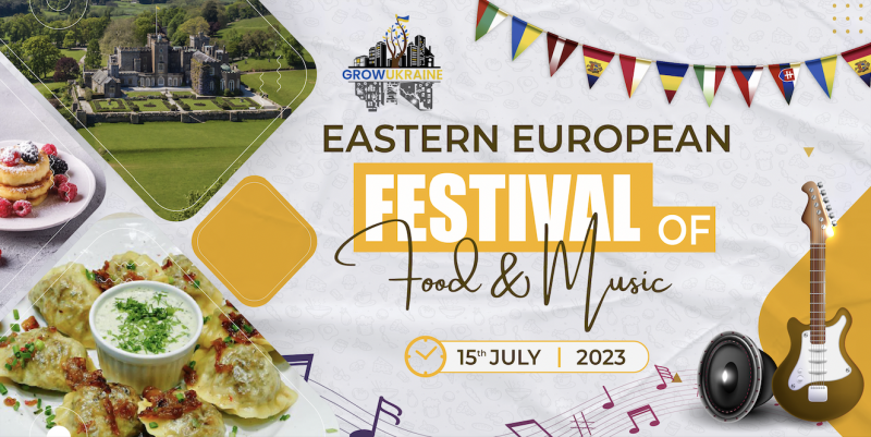 Eastern European Festival of Food & Music 15th July 2023. Pictures: GrowUkraine logo, bunting, guitar, music notes, food, Powderham Castle