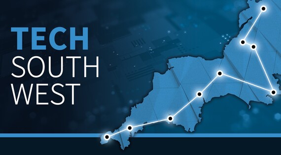 Tech South West logo on blue and black background 