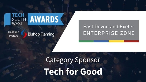 Tech South West awards (logo). category sponsor Tech for Good. East Devon and Exeter Enterprise Zone (logo)