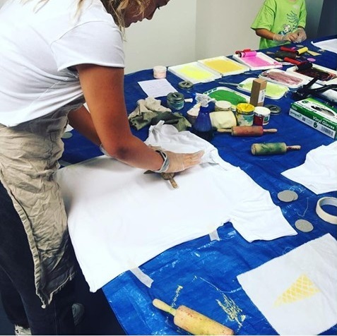 Photo of people printing t-shirts at a workshop