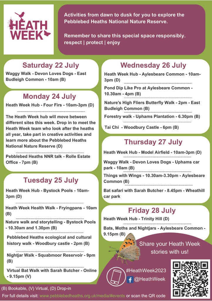 Poster with all of the events for Heath Week at the Pebblebed Heaths National Nature Reserve