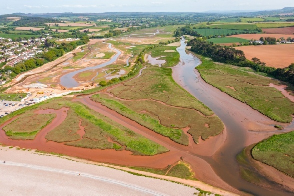 Birds eye view looking north from the beach at Budleigh Salterton Credit Lower Otter Restoration Project