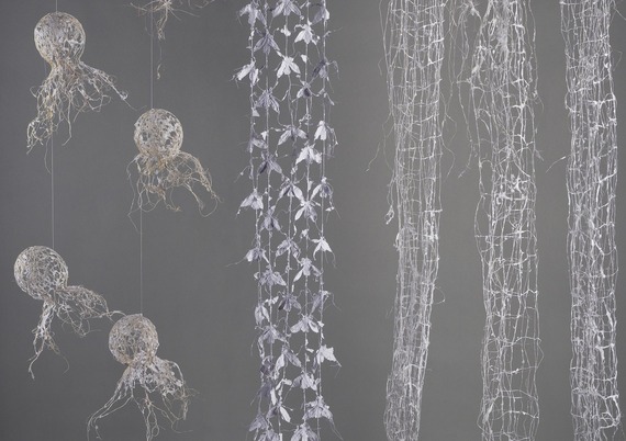 Fragile Earth, section of installation, 2m x 1.75m, stitched paper, silk fibres, paper pulp (smaller)