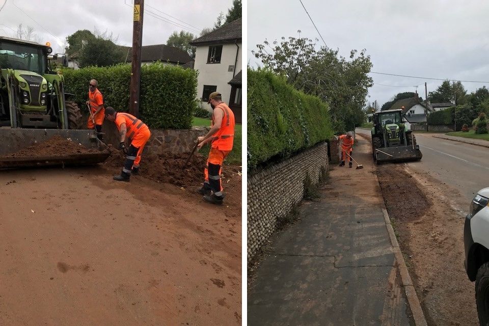 Two photos of Streetscene workers cleaning up after flooding in Knowle Village