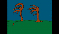 2 cartoon trees blowing around in the wind