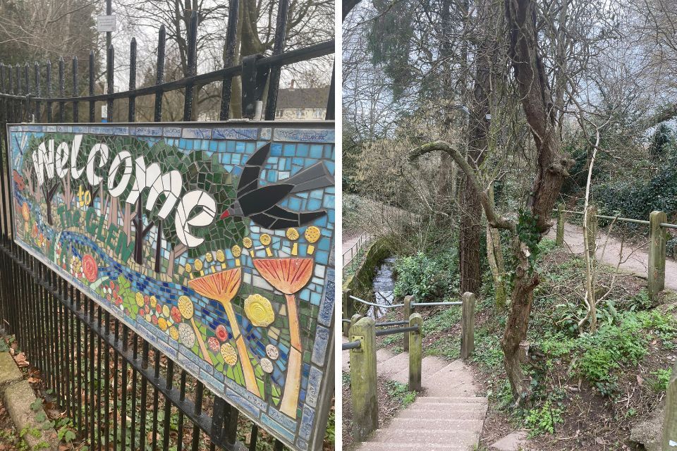 Photos of the 'Welcome to The Glen' mosaic and pathways and steps around The Glen 