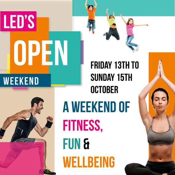 LEDs Open Weekend. Friday 13 to Sunday 15 October. A weekend of fitness fun and wellbeing. Photos of people doing exercise