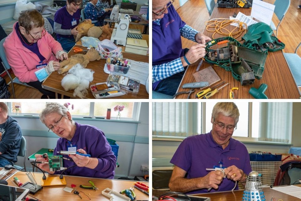 Collage of photos of the Exmouth Repair Cafe team at work