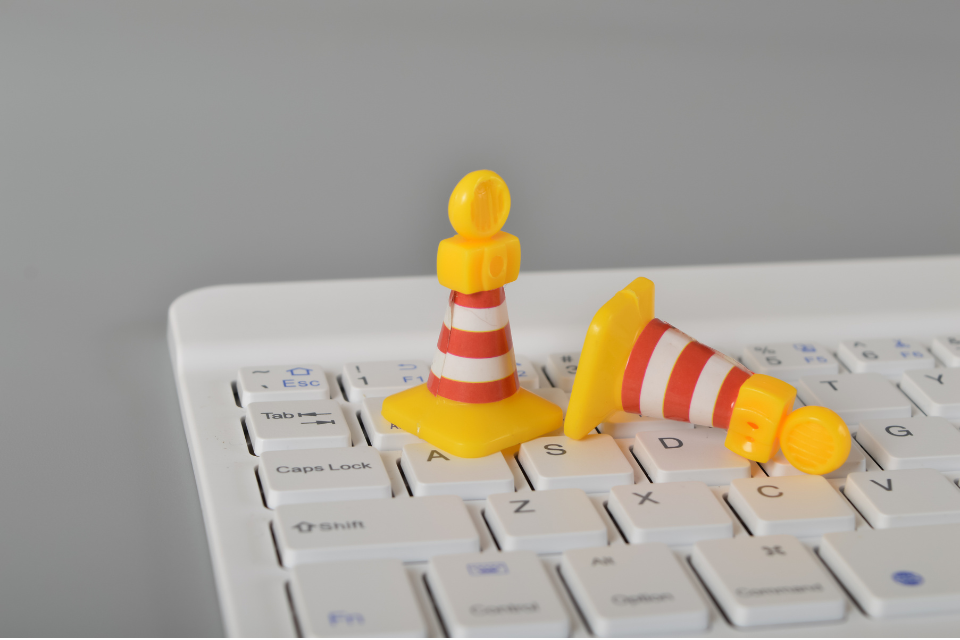 Mini cones on a computer keyboard