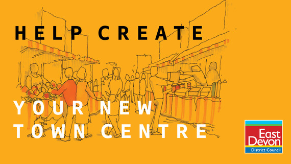 Help create your new town centre. Drawing of people and market stalls. EDDC logo