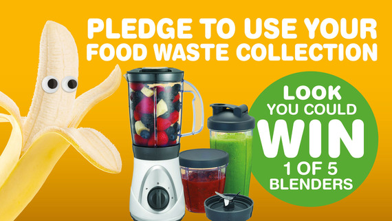 Picture of a banana with eyes and a blender. Pledge to use your food waste collection. Look you could win 1 of 5 blenders.