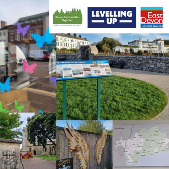 Collage of East Devon and maps and logos for EDDC, Devon Communities Together and Levelling Up