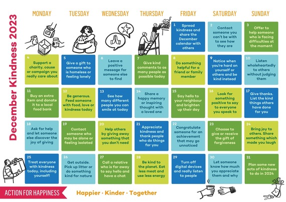 Action for Happiness's December Kindness pratice chart 